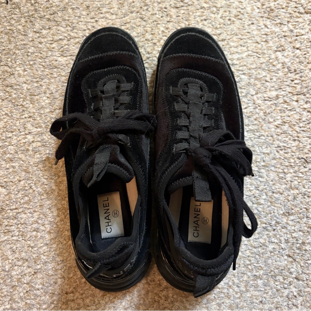 CHANEL Black Velvet & Suede Low-Top Sneakers
